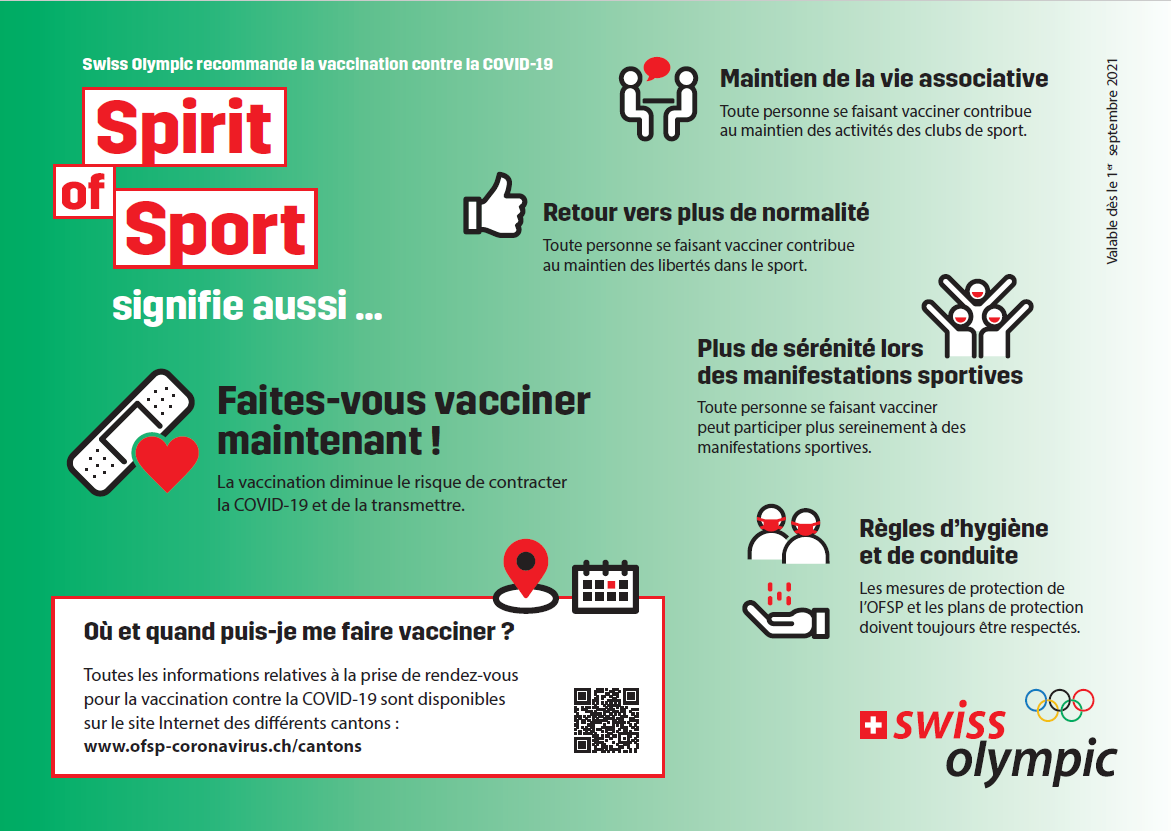 Swiss Olympic recommande la vaccination contre le COVID-19